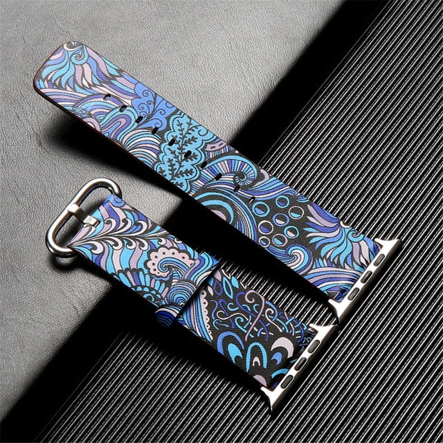 Floral Design Leather Watchband for Apple Watch 44mm 40mm 38mm 42mm for Series 5 4 3 2 1