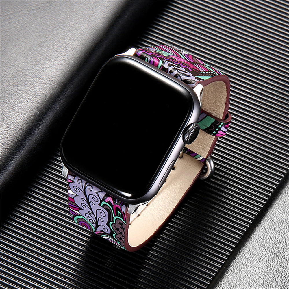 Floral Design Leather Watchband for Apple Watch 44mm 40mm 38mm 42mm for Series 5 4 3 2 1